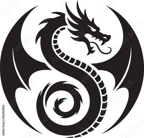 Black and white dragon tattoo design vector illustration.