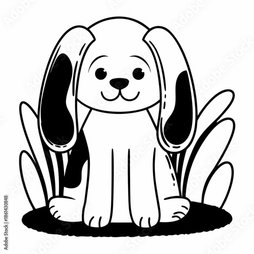A charming black and white cartoon puppy with floppy ears sitting happily in the grass