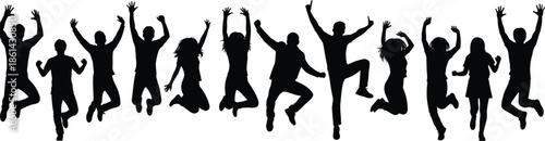 Group of joyful people jumping in celebration, energetic silhouettes expressing happiness, freedom, teamwork, unity, success, and positive emotions together.