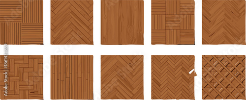 Wooden parquet floor texture pattern set featuring multiple brown wood tile styles vector illustration collection for interior design projects
