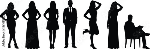Elegant men and women silhouettes posing together isolated on white background stylish fashion people vector illustration collection for design use