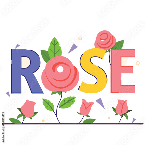 Happy birthday card with colorful rose flowers and playful alphabet letters for children