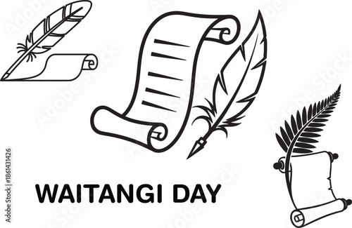 An elegant black and white illustration depicting a quill scrolls and fern leaves with Waitangi day text