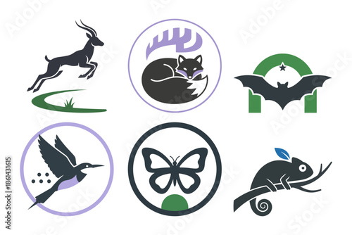 World wildlife day wild animal set with jumping antelope fox and butterfly vector illustration