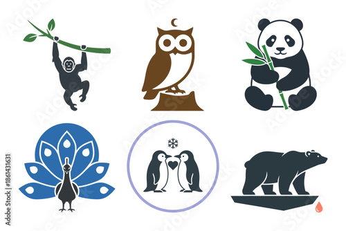 World wildlife day animal icons with orangutan owl panda peacock and bear vector illustration
