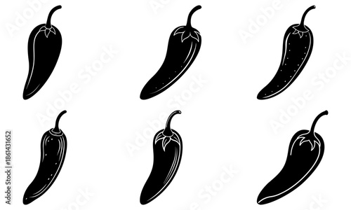 Six Black Silhouette Chili Peppers on White Background spicy