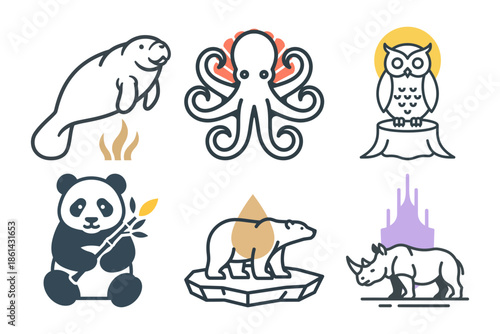 World wildlife day wildlife set featuring panda polar bear rhino and octopus vector illustration