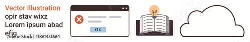 Education, cloud storage, error handling, creativity, data processing, digital learning. Popup with error message, open book with lightbulb cloud icon. Education and cloud storage concepts
