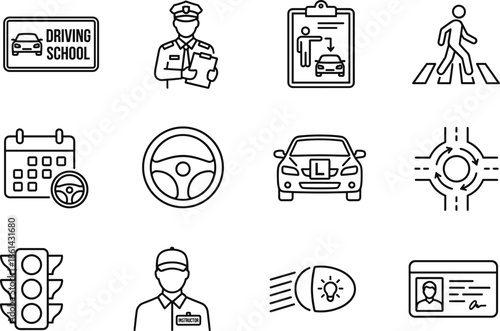 Driving school and road safety line icons set with instructor license car traffic rules symbols outline vector illustration