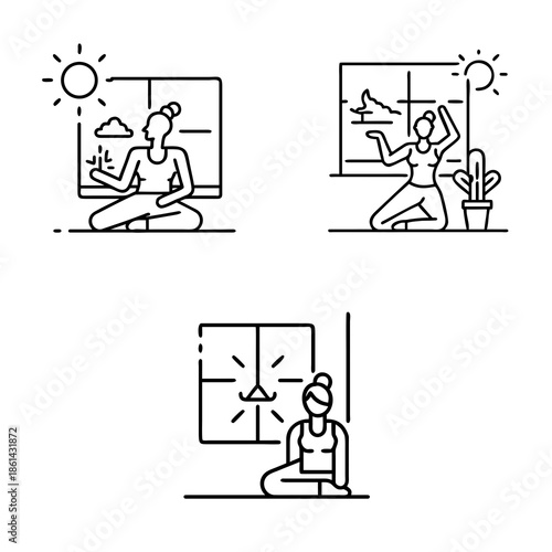 Three minimalist line drawings depict a woman in various yoga poses indoors. In the first