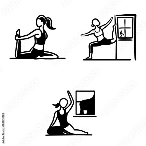 Three stylized black-and-white outlines depict women practicing yoga. The first figure is seated