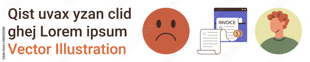 Fototapeta premium Emotional response, financial concerns, business transactions, billing, people interaction, personal identity. Sad face icon, invoice document and portrait circle. Emotional response and financial