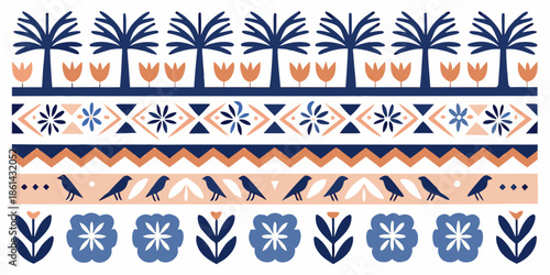 Stylized tropical pattern with palms flowers and geometric elements in blue and orange