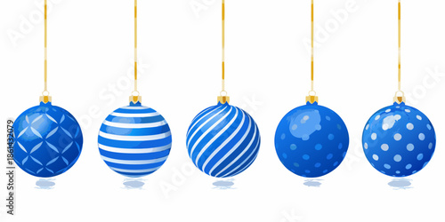 A collection of vibrant blue easter eggs suspended with golden strings