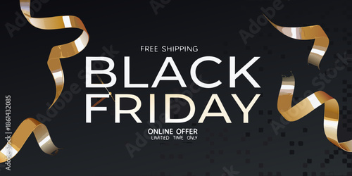 Black friday sale with golden ribbons and special online offer announcement
