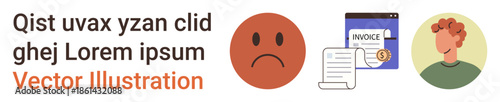 Emotional response, financial concerns, business transactions, billing, people interaction, personal identity. Sad face icon, invoice document and portrait circle. Emotional response and financial