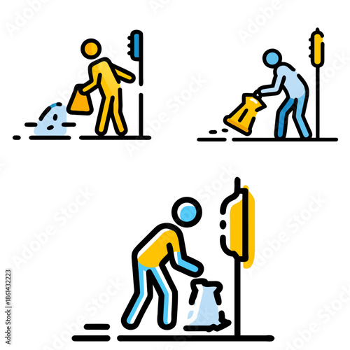 Three simplistic icons depict figures cleaning up litter. Each figure, outlined in black, is either orange