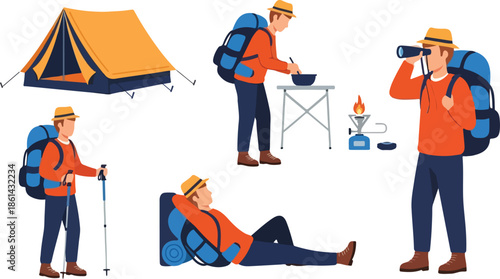 Hiker Character Vector Set: Camping, Trekking, and Outdoor Adventure - Flat Illustration Collection of Male Backpacker with Camping Gear