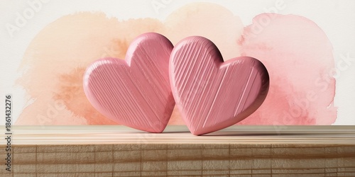 Two pink textured hearts on wooden table with watercolor background