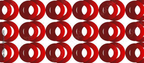 Red torus shapes are arranged in a grid pattern against a white background. These forms create