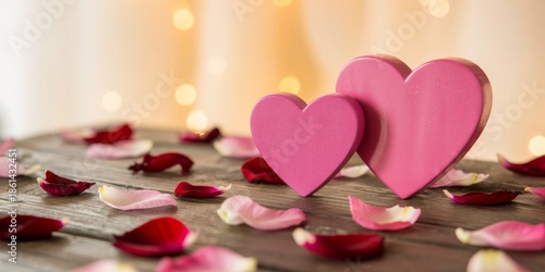 Pink hearts and rose petals on rustic wooden table with bokeh lights