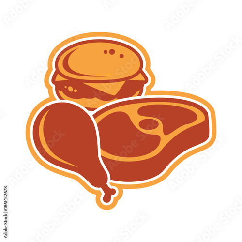 Steak, chicken leg, hamburger simple icon isolated on a white background. Meat symbol in flat style vector illustration. Meat food graphic design element. Template for background, banner, card