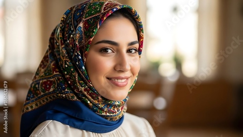 Smiling Muslim Woman Wearing Headscarf Indoors.