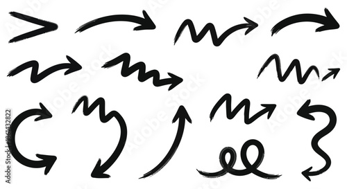 A collection of hand drawn black arrows and curved lines indicating direction and movement on a white background