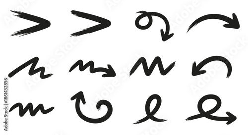 Collection of abstract black brushstroke arrows and curved lines on a plain white background