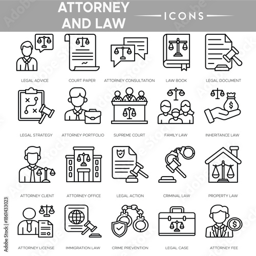 Attorney and law icon set representing legal services, justice system, and court procedures in clean vector style.