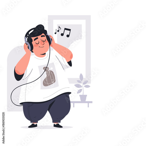 Man Listening to Music with Headphones Relax Illustration with Copy Space