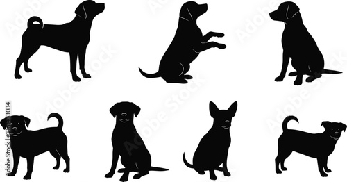 Silhouettes of dogs in varied sitting and standing poses, black figures, expressive posture, white background, breed and behavior illustration