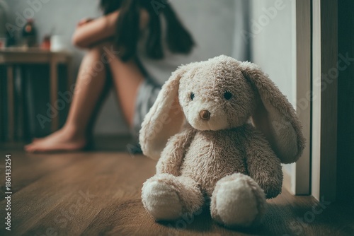 Emotional scene of sad woman leaning on home window with plush rabbit toy on floor, illustrating loneliness depression concepts for mental health lifestyle projects