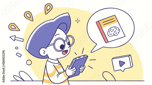A cheerful cartoon student with glasses uses a tablet to access online learning materials, including books and videos, symbolizing digital education and knowledge acquisition.