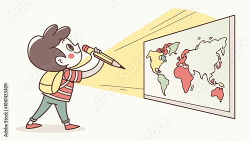 A cartoon child with a backpack uses a pencil as a telescope to look at a world map, symbolizing learning and global exploration.