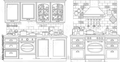 Kitchen Furniture Interior Drawing Vector Set, Line Art Outline Illustration, Home Appliances Cabinets and Countertop Design Sketch