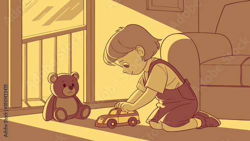 A young child playing with a toy car on the floor next to a teddy bear, bathed in warm sunlight from a window.