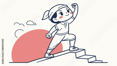A determined cartoon child with a headband climbing stairs, raising a fist in a minimalist line art style with a red sun.