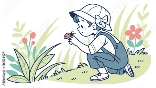 A beautifully detailed, photorealistic image of a curious child, kneeling in a sun-dappled garden, with an expression of pure wonder as they gently examine a small ladybug on a vibrant green
