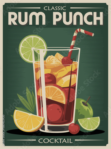 Retro style rum punch poster with tall glass and fruit garnish in warm red and yellow tones inspired by classic bar advertising.