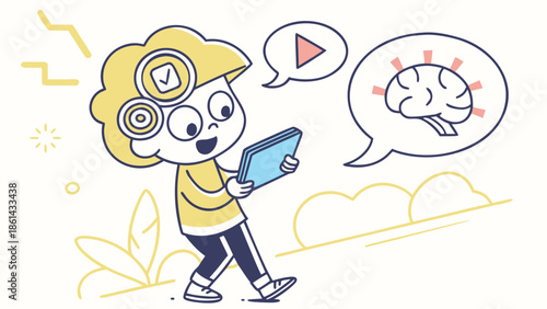 Cartoon child learning with a tablet, showing engagement, focus, and brain activity.