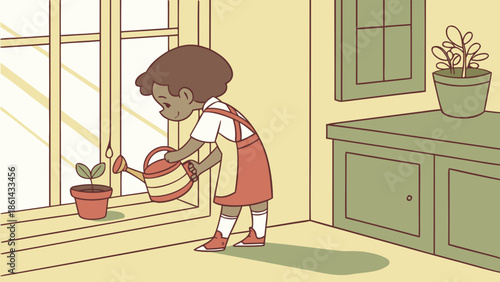 A young child with dark skin and an apron waters a small potted plant on a sunlit windowsill inside a room.