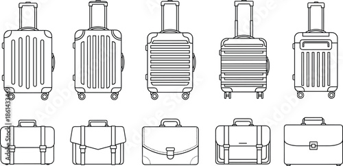 Line Art Black and White Set of Various Travel Luggage, Hard-Shell Suitcases, and Professional Business Briefcases for Journey and Office Vector Illustration