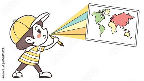  a chibi student, full of youthful curiosity, peering intently at a holographic projector displaying a colorful world map, a tiny pencil in hand, 