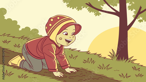 A happy toddler in a hooded jacket and hat crawls on a dirt path outdoors, smiling brightly with a tree and sun in the background.