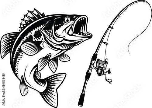 Monochrome Illustration of Largemouth Bass Fish Jumping with Open Mouth Next to Spinning Fishing Rod and Reel Set for Angling Sport Vector
