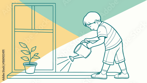 carefully attempting to water a small potted plant on a sunlit kitchen windowsill, a few drops of water spilled but showcasing great concentration and a budding sense of responsibility.