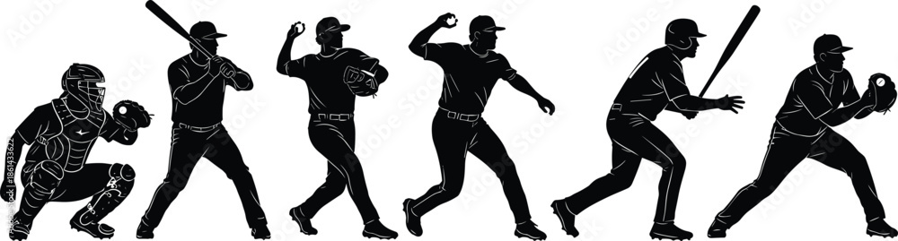 Naklejka premium Silhouettes of baseball players in action, including a catcher, batter, and pitchers, representing sports, athleticism, and team competition.