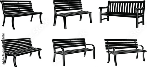 Simple Black Silhouette Set of Various Modern and Classic Park Benches, Public Seating, and Garden Furniture for Architectural Site Plan Vector