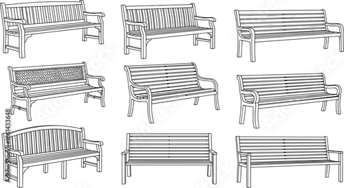 Simple Line Art Set of Various Public Park Benches, Outdoor Garden Seating Furniture, and Street Seats for Architectural Planning Vector Illustration